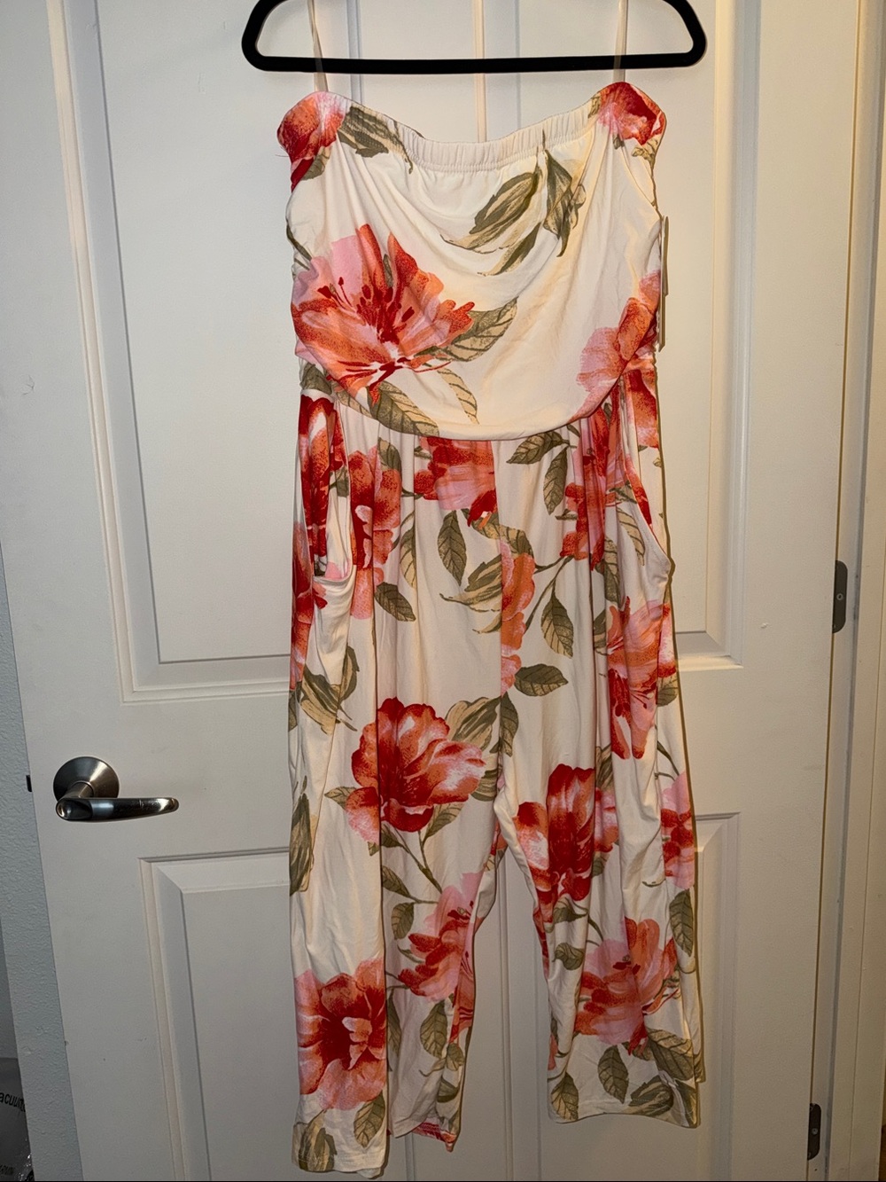 J for Justify Cream Strapless Floral Jumpsuit with Coral Blooms